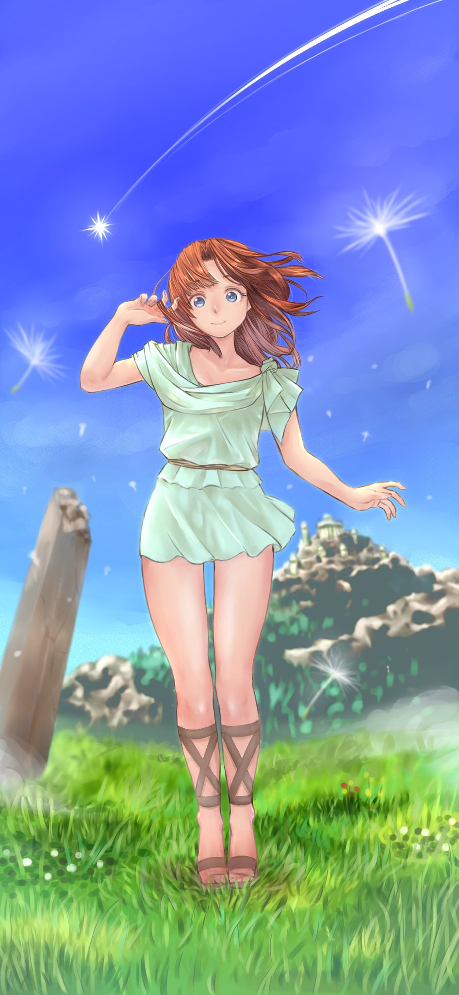 1girl ancient_ys_vanished aqua_dress blue_eyes blue_sky blurry blurry_background brown_hair closed_mouth cloud collarbone commentary_request curtained_hair dress highres lilia_(ys) medium_hair on_grass outdoors shooting_star sky smile solo standing sukerock360 ys