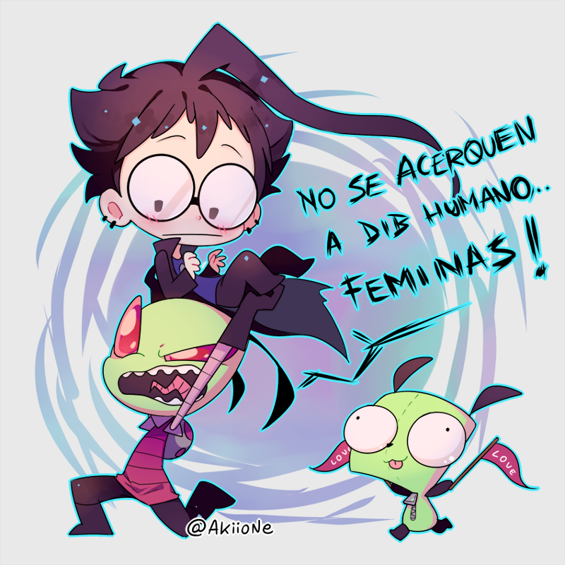 3boys ahoge alien artist_name black_hair boots carrying carrying_person colored_skin dib_(invader_zim) earrings flag gir_(invader_zim) glasses green_skin holding holding_flag invader_zim jewelry multiple_boys pants pink_eyes short_hair spanish_text yoyochaan zim_(invader_zim) zipper