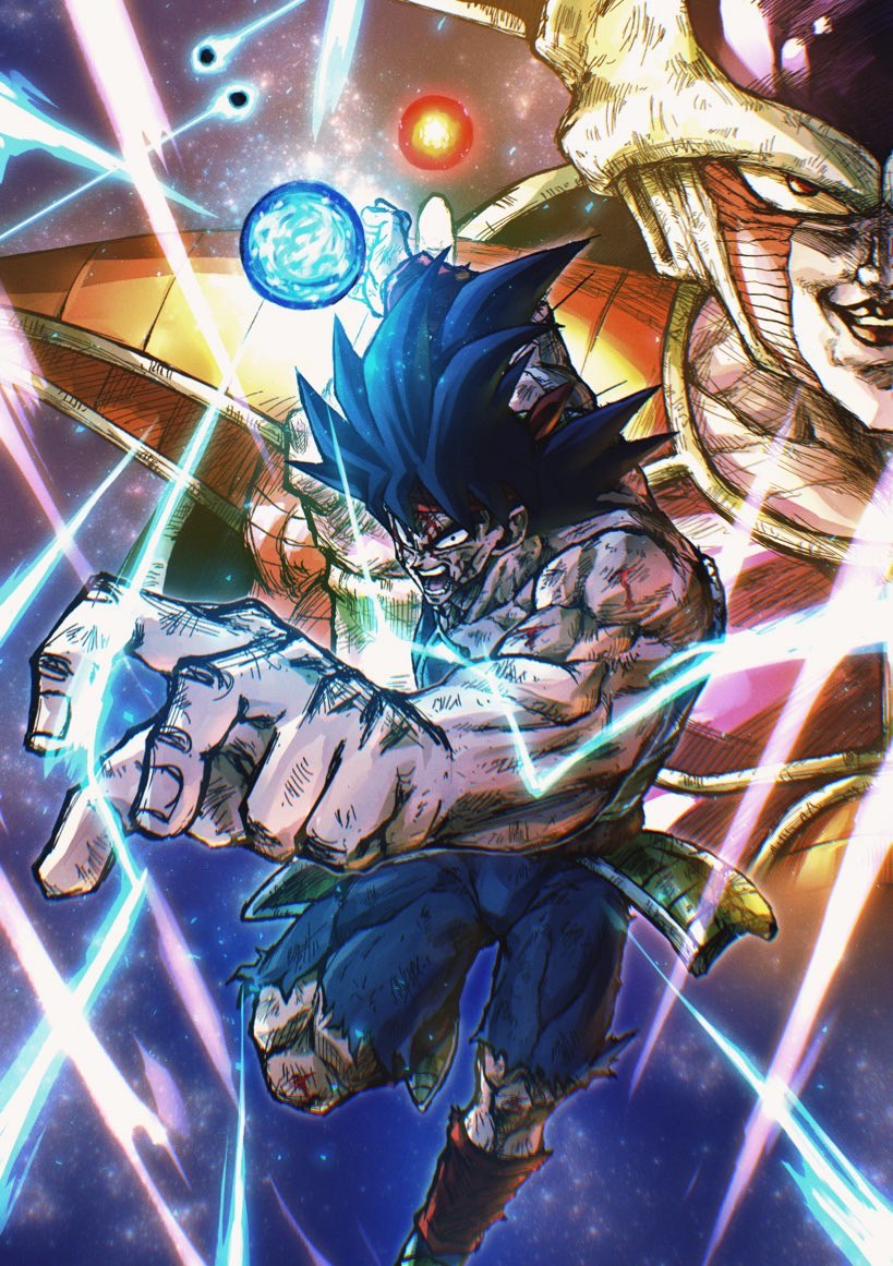 2boys alien armor bardock battle_damage black_eyes black_hair black_lips blue_pants boots broken_armor collarbone cross_scar dragon_ball dragon_ball_z energy_ball evil_smile frieza hashagu headband horns incoming_attack injury male_focus monkey_tail multiple_boys muscular muscular_male open_mouth pants red_eyes red_headband saiyan saiyan_armor scar scar_on_face smile space spiked_hair star_(sky) tail tail_around_waist torn_clothes