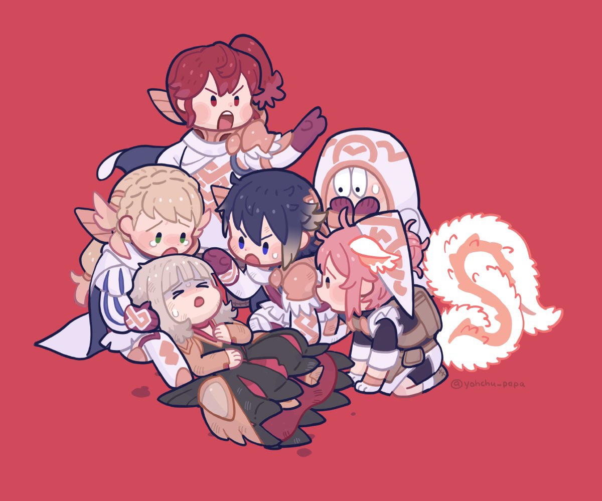 1boy 1other 4girls alfonse_(fire_emblem) ambiguous_gender animal_ears anna_(fire_emblem) black_dress black_eyes blonde_hair blue_eyes blue_hair blush_stickers braid brown_eyes brown_gloves cape chibi closed_eyes commentary_request crown_braid dress fire_emblem fire_emblem_heroes gloves gradient_hair green_eyes hair_ornament hat kiran_(fire_emblem) long_hair lying multicolored_hair multiple_girls mushi_rags on_back pink_hair ratatoskr_(fire_emblem) red_background red_eyes red_hair shaded_face sharena_(fire_emblem) side_ponytail simple_background squirrel_girl squirrel_tail sweatdrop tail tearing_up veronica_(fire_emblem) veronica_(princess_rising)_(fire_emblem) white_cape white_headwear