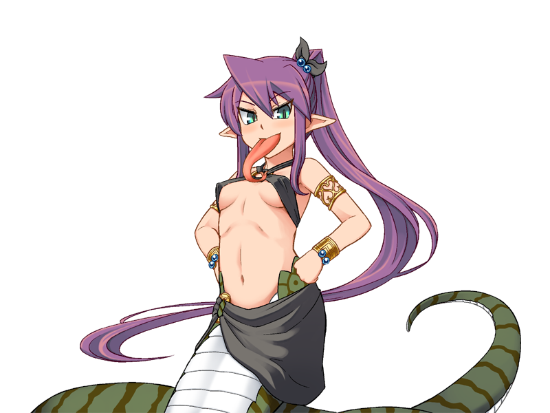 1girl aged_up armlet bare_shoulders black_ribbon black_skirt bmp-to-png_conversion bracelet breasts closed_mouth forked_tongue game_cg green_eyes green_tail hair_between_eyes hair_bobbles hair_ornament hair_ribbon hands_on_own_hips high_ponytail jewelry jingai_modoki lamia light_blush long_hair long_tongue looking_at_viewer medium_breasts mon-musu_quest! monster_girl navel non-web_source o-ring o-ring_bottom o-ring_top pointy_ears ponytail purple_hair ribbon sidelocks simple_background skirt slit_pupils solo spoilers stomach striped_tail tail teeny_(mon-musu_quest!) tongue tongue_out transparent_background v-shaped_eyebrows v-shaped_eyes very_long_hair