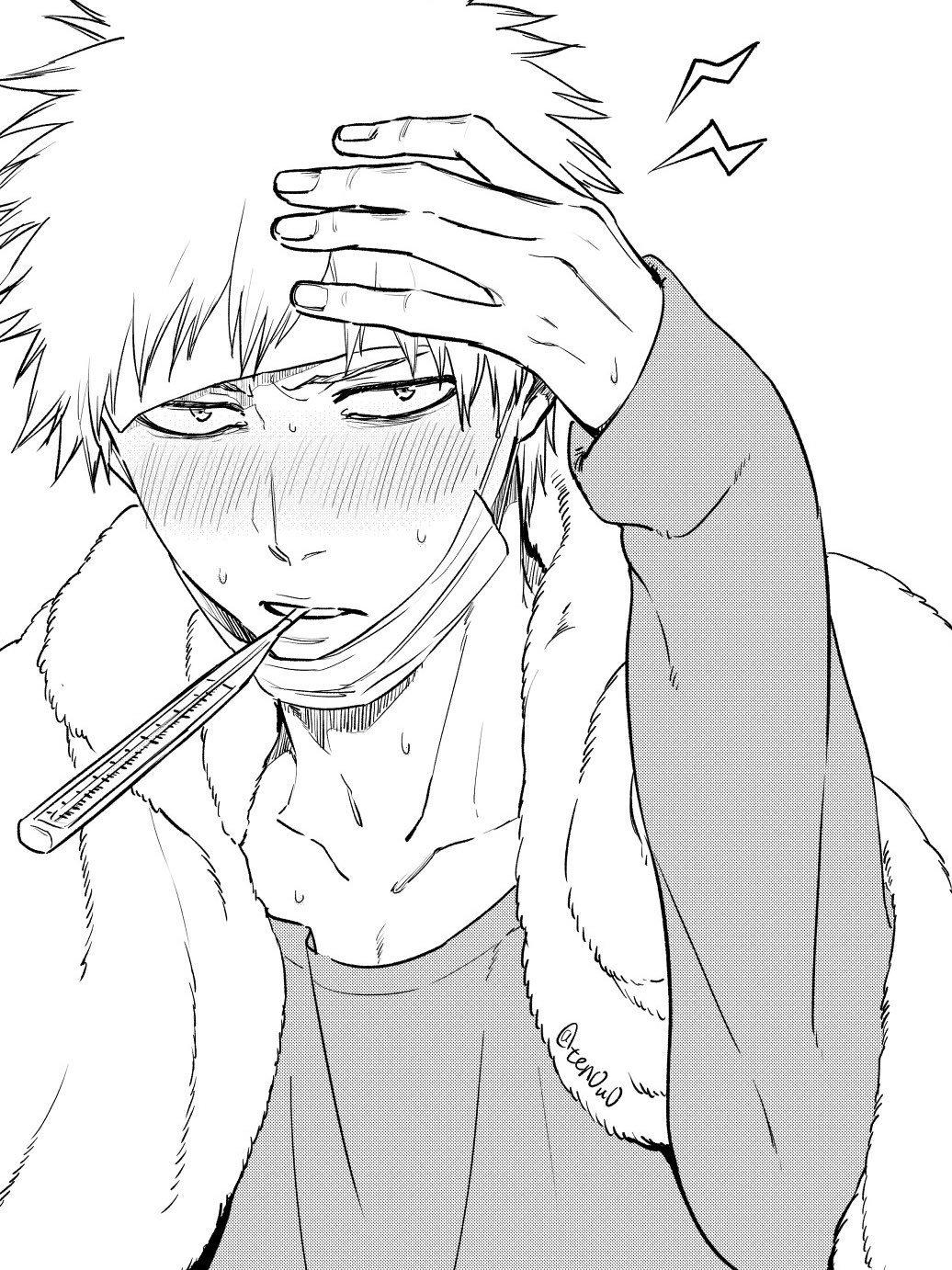 1boy blanket bleach blush close-up collarbone halftone hand_on_own_head highres kurosaki_ichigo long_sleeves looking_at_viewer male_focus mask monochrome mouth_mask sick signature solo spiked_hair sweat ten0u0 thermometer towel towel_on_head white_background