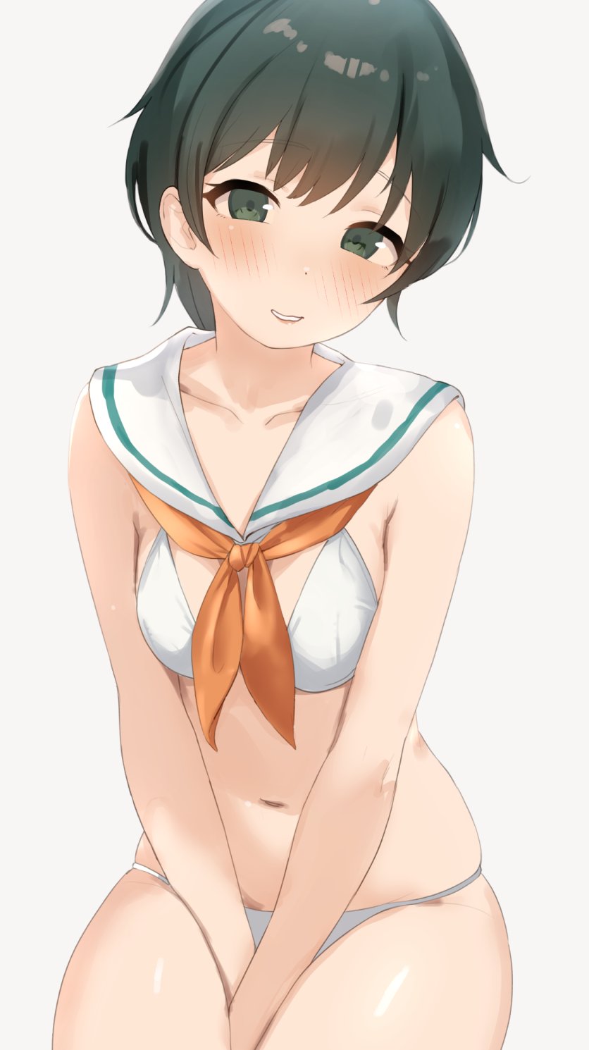 1girl between_legs bikini blush breasts collarbone covering_crotch covering_privates cowboy_shot detached_collar green_eyes green_hair hair_between_eyes hand_between_legs head_tilt highres kantai_collection looking_at_viewer medium_breasts medium_hair mogami_(kancolle) navel neckerchief orange_neckerchief sailor_bikini sailor_collar sakieko simple_background sitting smile solo stomach swimsuit teeth thighs white_background white_bikini white_sailor_collar