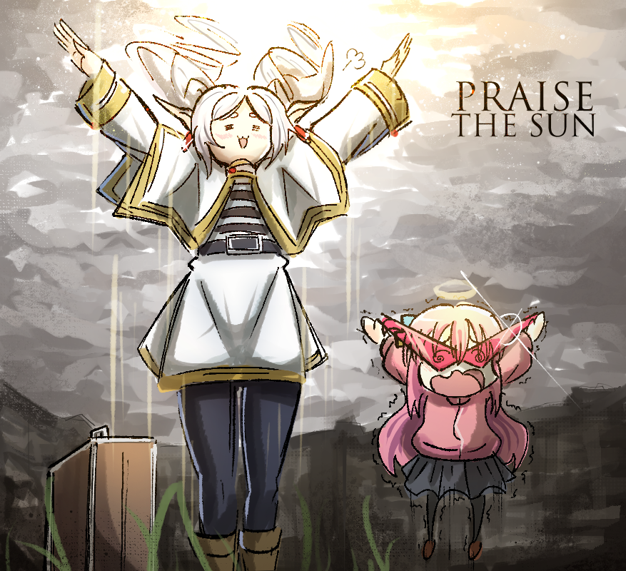 2girls belt blush bocchi_the_rock! boots capelet cloud cloudy_sky coat dark_souls_(series) dark_souls_i english_text frieren gotoh_hitori grass halo kamina_shades long_hair multiple_girls on_grass ononotsu open_mouth pantyhose pink_hair pointy_ears praise_the_sun skirt sky sousou_no_frieren stretching sun sunglasses sunlight sweater tongue trembling twintails white_hair