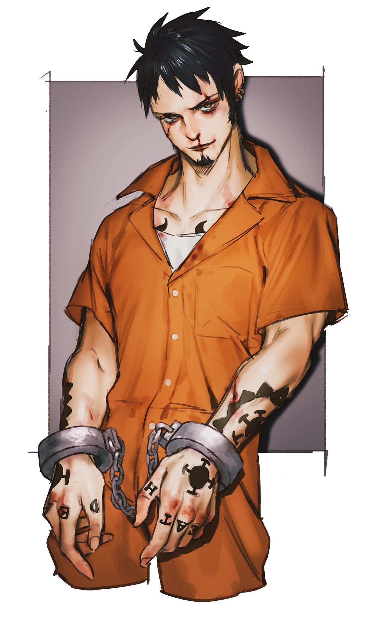 1boy arm_tattoo black_hair blood border breast_pocket bruise buttons chest_tattoo closed_mouth cropped_legs cuffs earrings finger_tattoo handcuffs highres injury jewelry looking_at_viewer male_focus nosebleed one_piece pocket prison_clothes shirt short_hair short_sleeves solo tattoo trafalgar_law white_border white_shirt yonekura_naoyasu