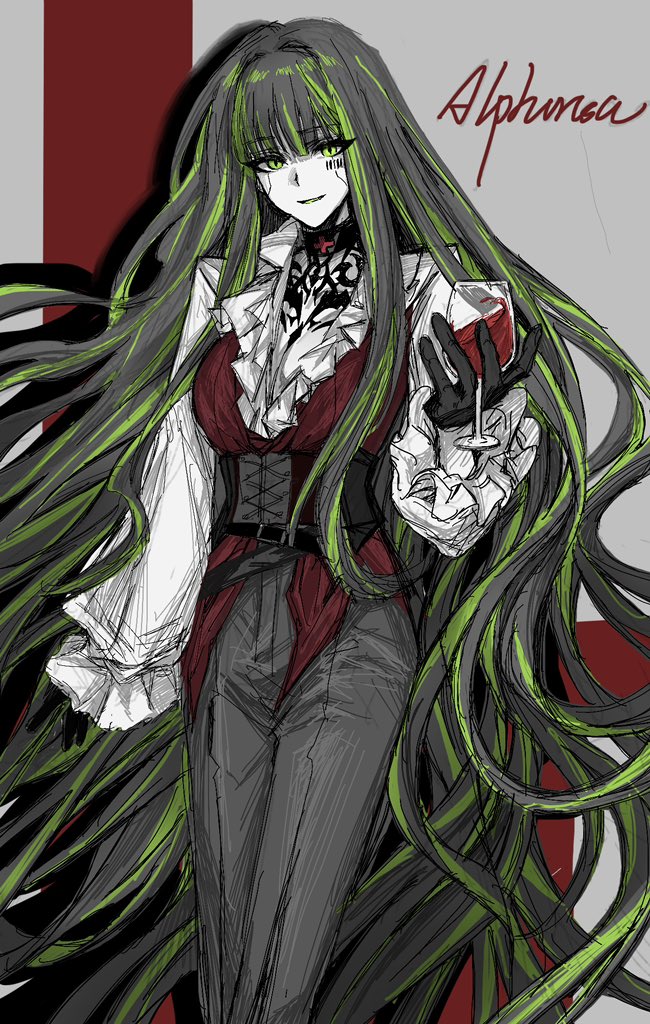 1girl alfonso_(project_moon) ashi_(dongshi389) belt black_belt black_choker black_gloves black_hair black_pants character_name choker corset cowboy_shot cup drinking_glass gloves green_eyes green_hair holding holding_cup limbus_company long_hair long_sleeves looking_at_viewer multicolored_hair pants parted_lips project_moon puffy_long_sleeves puffy_sleeves red_corset red_vest shirt sidelocks smile solo streaked_hair very_long_hair vest white_shirt wine_glass