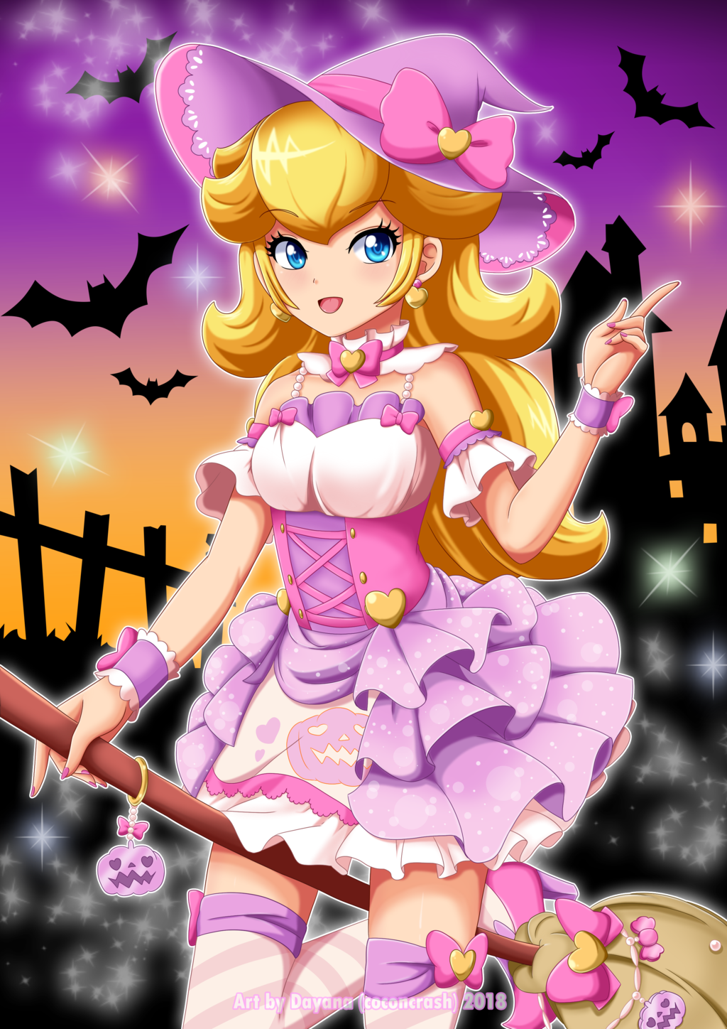 1girl 2018 alternate_costume artist_name bare_shoulders bat_(animal) beads blonde_hair blue_eyes bow bowtie brooch broom broom_riding castle choker coconcrash corset cowboy_shot cross-laced_clothes cross-laced_corset detached_sleeves dress earrings english_text eyelashes fence frilled_choker frilled_dress frilled_sleeves frills grass halloween halloween_costume hat hat_bow hat_ornament heart heart_brooch heart_earrings heart_hat_ornament highres jack-o'-lantern_print jewelry lace-trimmed_bow lace_trim long_hair looking_at_viewer mario_(series) open_mouth orange_sky outdoors patreon_username pink_bow pink_bowtie pink_choker pink_corset pink_sleeves pointing princess_peach purple_dress purple_headwear purple_sky purple_wrist_cuffs short_dress sky sleeveless sleeveless_dress smile solo sparkle watermark witch_hat wrist_bow