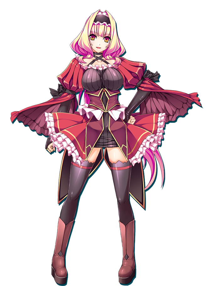 1girl azarin_(kouyoku_senki_exs-tia) black_thighhighs blonde_hair boots breasts brown_footwear collarbone dress frilled_skirt frills hairband hand_on_own_hip impossible_clothes impossible_dress kouyoku_senki_exs-tia large_breasts legs_apart long_sleeves puffy_sleeves red_dress red_skirt simple_background skirt solo standing tachi-e thighhighs white_background yellow_eyes