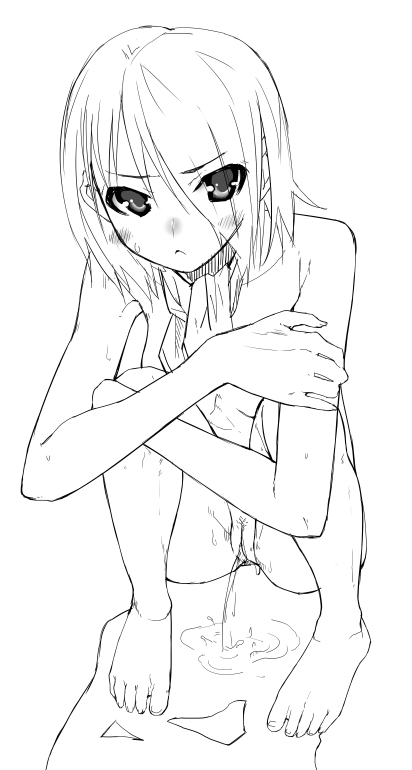 :&lt; barefoot blush copyright_request crossed_arms feet greyscale monochrome nude pee peeing short_hair solo squatting yada_ei