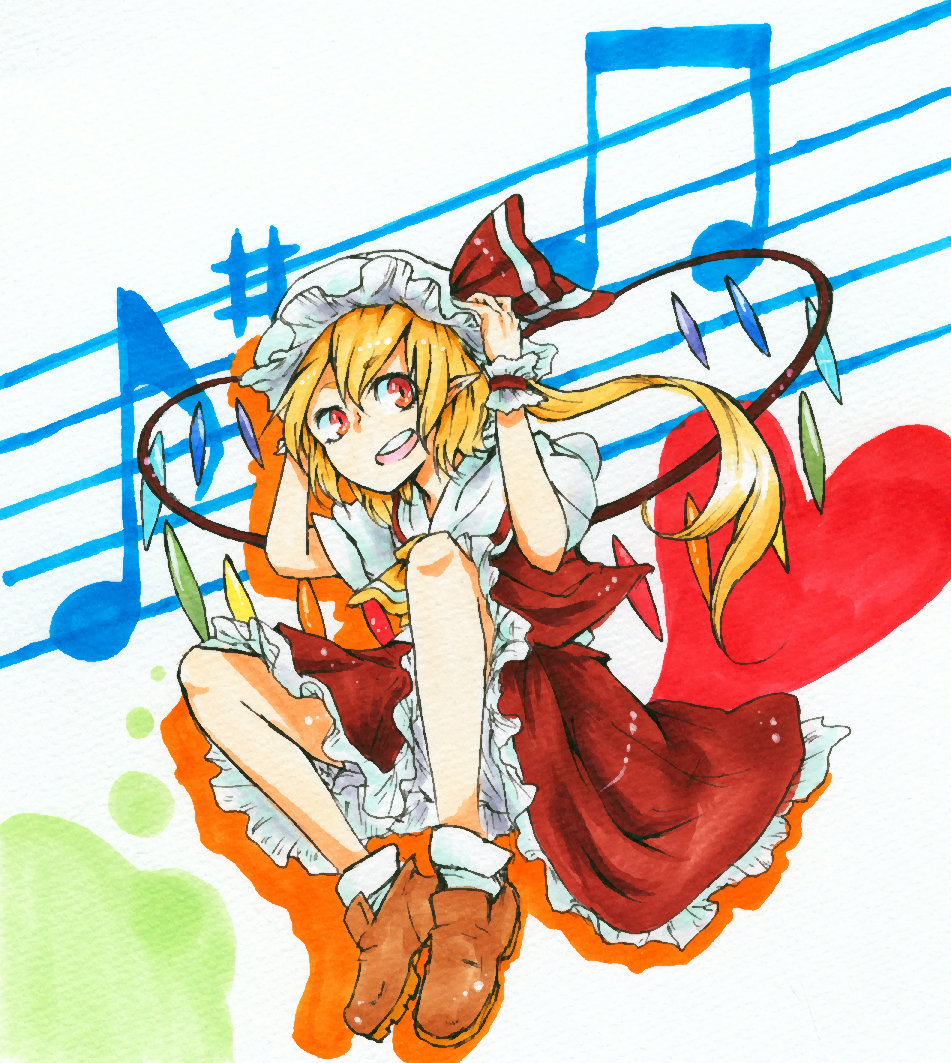 1girl ascot beamed_eighth_notes blonde_hair brown_footwear flandre_scarlet frilled_skirt frills full_body hair_between_eyes hands_on_headwear hat hinode_sb long_hair mob_cap multicolored_wings musical_note one_side_up open_mouth pointy_ears puffy_short_sleeves puffy_sleeves red_eyes red_skirt red_vest shirt shoes short_sleeves skirt socks solo staff_(music) teeth touhou traditional_media upper_teeth_only vest white_headwear white_shirt white_socks wings yellow_ascot