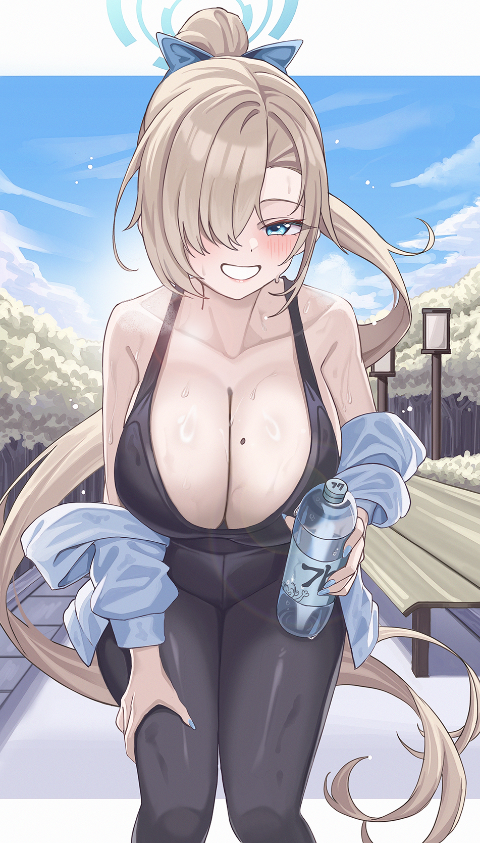 1girl asuna_(blue_archive) bench black_sports_bra blue_archive blue_bow blue_eyes blue_nails blue_sky blush bottle bow breasts hair_bow hair_over_one_eye halo hand_on_own_thigh highres holding holding_bottle huge_breasts jacket jacket_partially_removed light_blue_jacket light_brown_hair long_hair looking_at_viewer o-los open_clothes open_jacket ponytail sky smile solo sports_bra sportswear steam sweat very_long_hair water_bottle