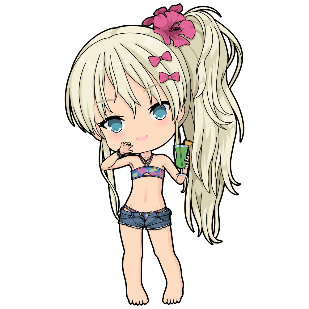 1girl bandeau bare_legs bare_shoulders barefoot bikini blonde_hair blue_eyes blush bow cup denim denim_shorts drinking_glass drinking_straw flower full_body grecale_(kancolle) grin hair_bow hair_flower hair_ornament halterneck jewelry kantai_collection long_hair multicolored_bandeau nail_polish navel necklace no_shirt one-take pink_bow short_shorts shorts side_ponytail smile solo standing stomach swimsuit turret