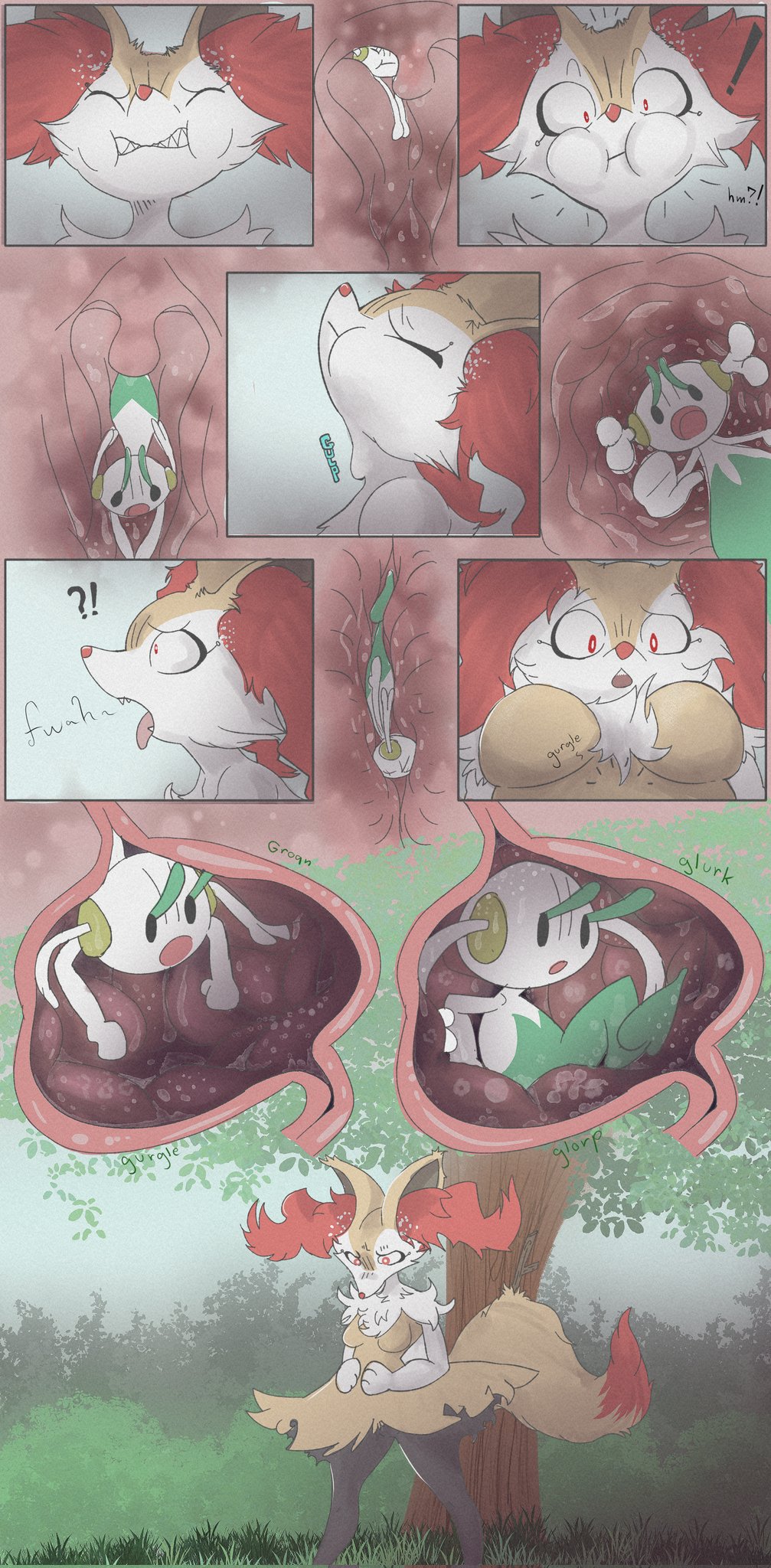 against_natural_surface against_surface against_tree anthro anthro_pred biped braixen breasts canid canine comic digital_media_(artwork) duo elemental_creature extreme_size_difference featureless_breasts female female/female female_pred floette flora_fauna flower fur generation_6_pokemon hi_res inside_mouth inside_stomach internal larger_anthro larger_female larger_pred mammal medium_breasts micro nintendo on_tongue open_mouth oral_vore plant pokemon pokemon_(species) sharp_teeth size_difference sleeping smaller_prey swindleshrimp teeth tongue tree unaware_pred uvula vore yellow_body yellow_fur