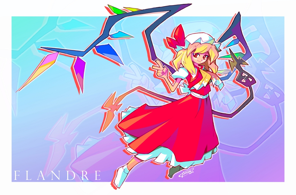 1girl alternate_hairstyle back_bow blue_background border bow character_name closed_mouth flandre_scarlet full_body gradient_background hat laevatein_(touhou) light_smile long_hair looking_at_viewer mob_cap multicolored_wings no_shoes puffy_short_sleeves puffy_sleeves purple_background red_eyes red_skirt red_vest shirt short_sleeves skirt socks solo tomycase touhou v vest white_border white_bow white_headwear white_shirt white_socks wings