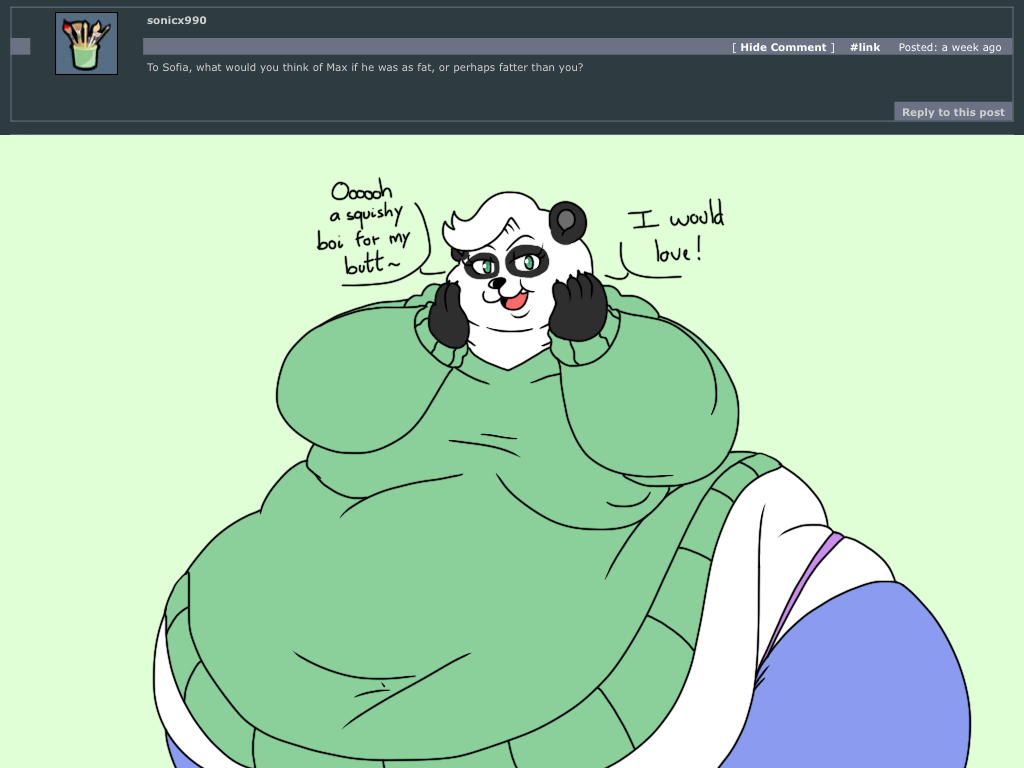 2018 4:3 4_fingers anthro ask_blog batspid2 bear belly big_belly big_breasts black_body black_claws black_eyebrows black_eyelashes black_fur blue_bottomwear blue_clothing bottomwear breasts claws clothing dialogue digital_drawing_(artwork) digital_media_(artwork) double_chin ear_markings english_text exclamation_point eyebrows facial_markings female fingers flat_colors front_view fur giant_panda glistening glistening_eyes gloves_(marking) green_background green_clothing green_eyes green_topwear hair head_markings hoodie huge_belly huge_hips looking_at_viewer love_handles mammal markings mask_(marking) morbidly_obese morbidly_obese_anthro morbidly_obese_female multicolored_body multicolored_fur navel nipple_outline obese obese_anthro obese_female open_mouth overweight overweight_anthro overweight_female pats pink_clothing pink_tongue pink_underwear question simple_background smile sofia_(batspid2) solo teeth text three-quarter_view tongue topwear two_tone_body two_tone_fur underwear white_body white_fur white_hair wide_hips