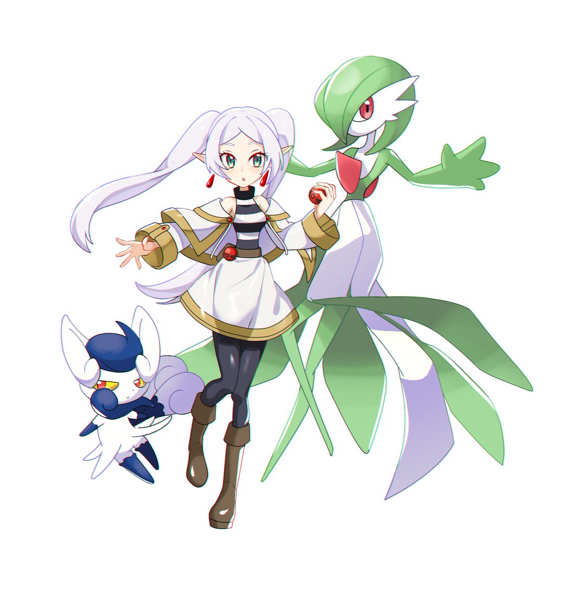 1girl bare_shoulders black_pantyhose black_shirt boots brown_footwear capelet cherish_ball colored_sclera crossover earrings elf frieren gardevoir gold_trim green_eyes highres holding holding_poke_ball jewelry long_hair looking_at_viewer meowstic meowstic_(female) pantyhose parted_bangs pointy_ears poke_ball pokemon pokemon_(creature) red_eyes rhymewithray shirt simple_background skirt skirt_set sousou_no_frieren striped_clothes striped_shirt twintails white_background white_capelet white_hair white_shirt white_skirt yellow_sclera