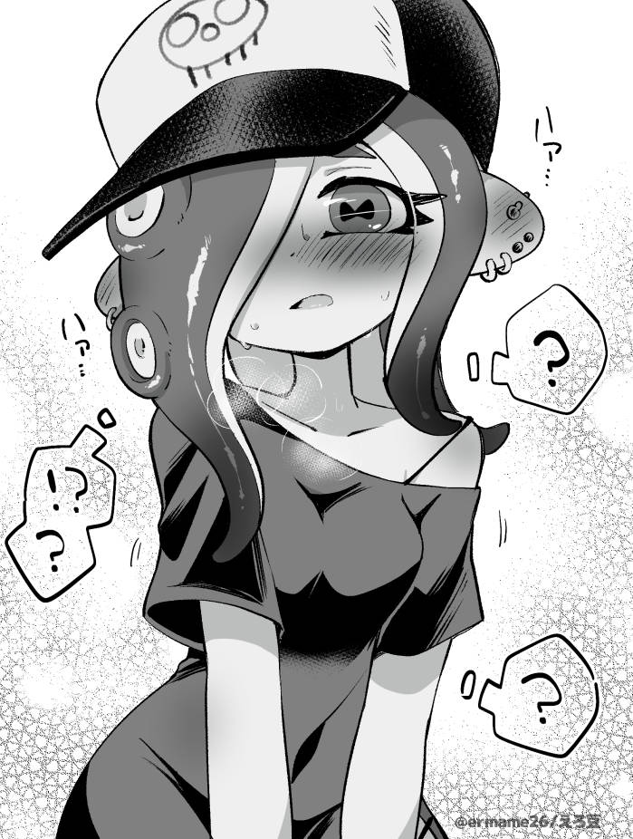 ! 1girl ? artist_name baseball_cap blush breasts cephalopod_eyes commentary_request dedf1sh eromame eyelashes greyscale hair_over_one_eye hat long_hair looking_at_viewer monochrome octoling off_shoulder open_mouth print_headwear single_bare_shoulder solo splatoon_(series) splatoon_3 spoken_exclamation_mark spoken_question_mark tentacle_hair twitter_username
