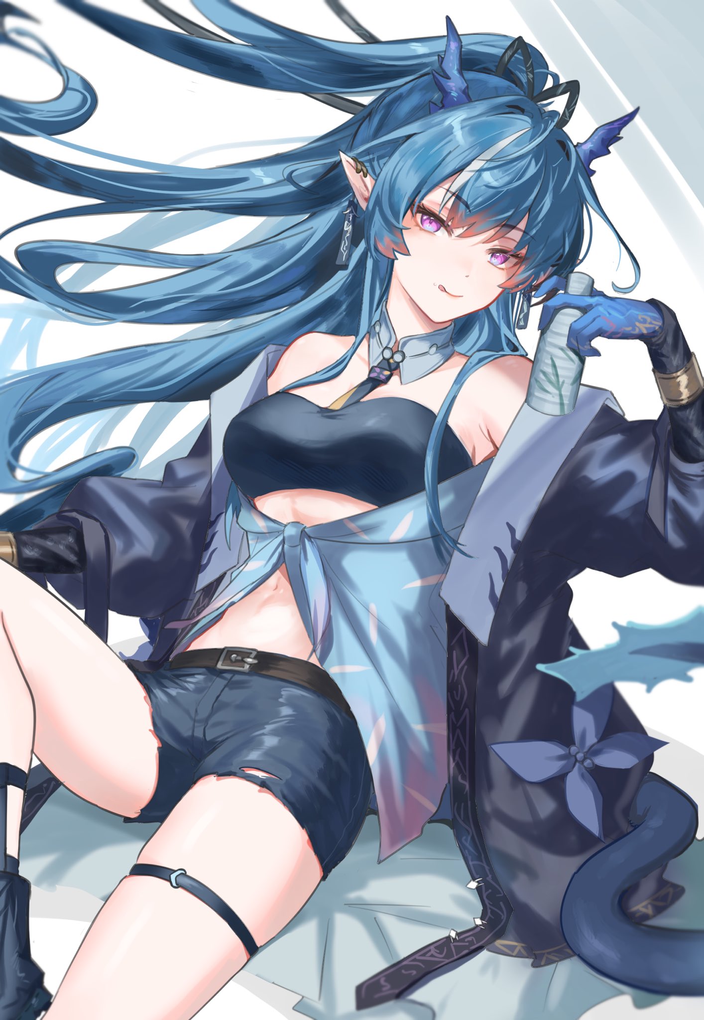 1girl :p arknights armpits bandeau black_jacket blue_bandeau blue_shirt blue_shorts blue_skin bottle colored_skin commentary_request detached_collar dragon_girl dragon_horns dragon_tail highres holding holding_bottle horns jacket ling_(arknights) ling_(towering_is_cliff_of_nostalgia)_(arknights) looking_at_viewer mabing pointy_ears shirt shorts simple_background smile solo tail thigh_strap tied_shirt tongue tongue_out torn_clothes torn_shorts white_background