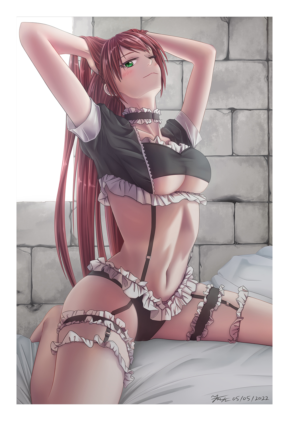 1girl airi_(queen's_blade) airi_(the_infernal_temptress) arms_up bed bed_sheet black_panties blush breasts frills garter_straps green_eyes hair_down highres kkkowy0913 long_hair looking_at_viewer maid medium_breasts navel one_eye_closed panties queen's_blade red_hair shiny shiny_hair sitting smile solo thigh_strap underboob underwear