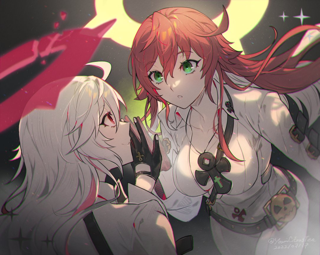 1girl ankh bangs belt black_gloves black_lanyard bodysuit breasts cleavage compass_rose_halo food gloves green_eyes guilty_gear hair_between_eyes halo jack-o'_valentine jewelry lanyard large_breasts long_hair multicolored_hair multiple_persona pants pendant red_eyes red_hair smile solo two-tone_hair white_bodysuit white_hair white_pants youmicitrustea