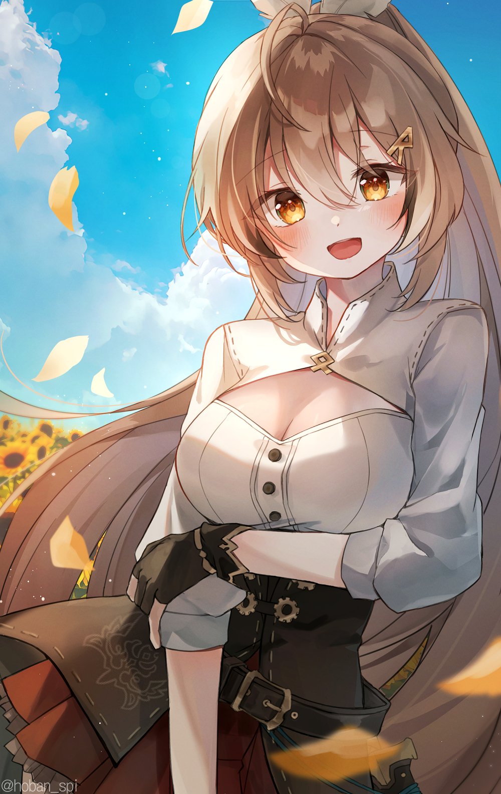 1girl :d ahoge arm_under_breasts bangs belt breasts brown_corset brown_eyes brown_hair cleavage cleavage_cutout clothing_cutout cloud cloudy_sky corset dagger falling_petals feather_hair_ornament feathers flower gloves hair_ornament hairclip highres hololive hololive_english knife lens_flare long_hair looking_at_viewer medium_breasts multicolored_hair nanashi_mumei partially_fingerless_gloves petals pleated_skirt ponytail red_skirt shirt skirt sky smile spi streaked_hair sunflower sunflower_petals very_long_hair virtual_youtuber weapon white_shirt