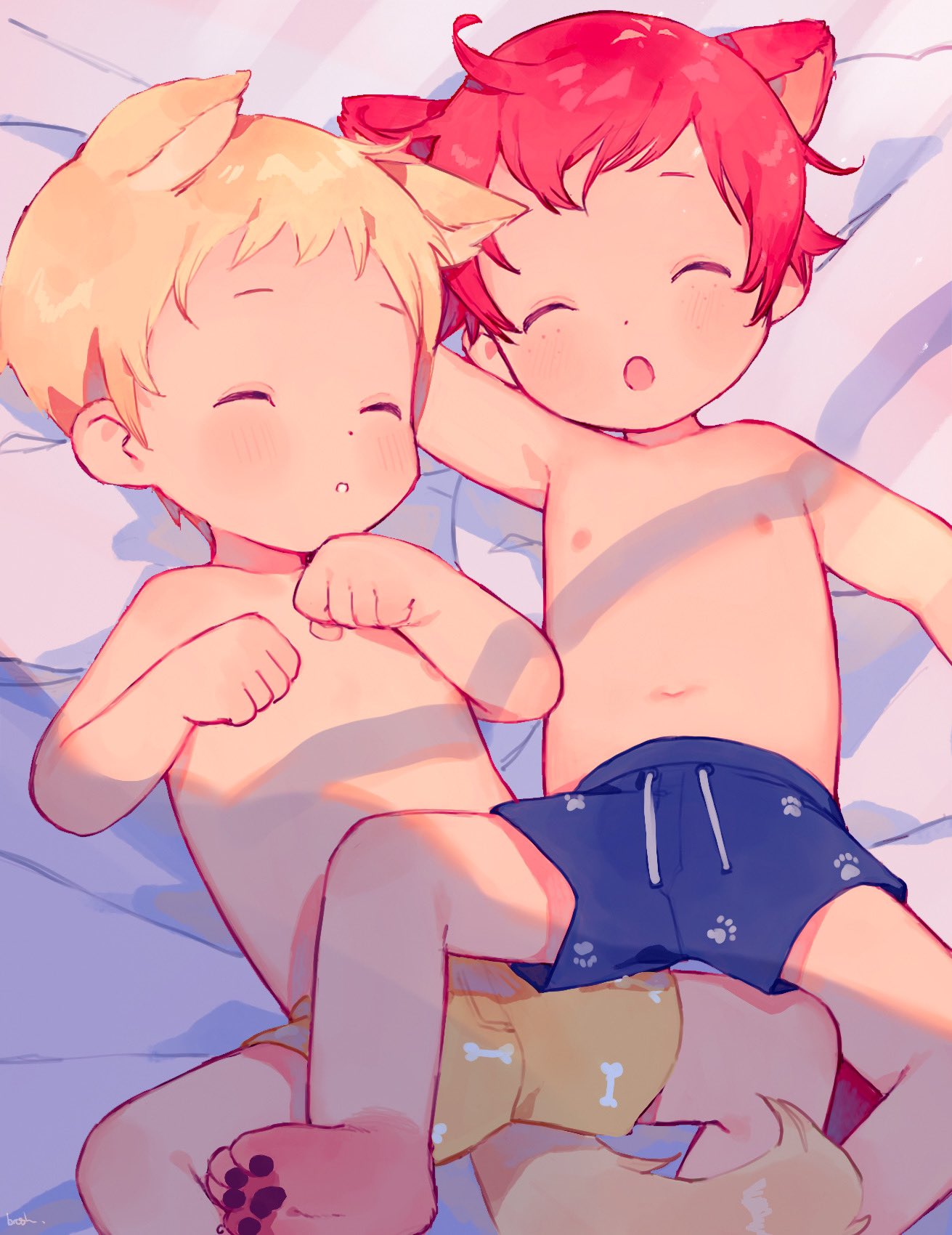 2boys animal_ears animal_hands blonde_hair cat_ears closed_eyes commentary extra_ears facing_viewer highres kemonomimi_mode male_child male_focus multiple_boys navel nipples original red_hair shorts sleeping tail thebrushking topless_male