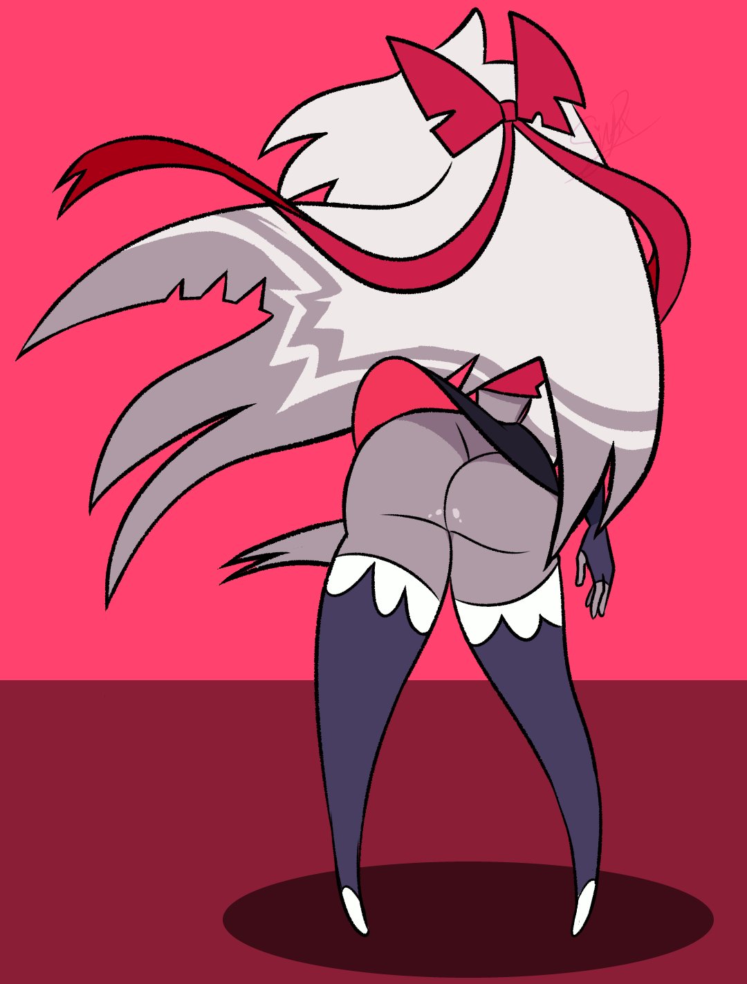 big_butt butt clothed clothing demon faceless_character faceless_female female grey_body hair hazbin_hotel hi_res humanoid partially_clothed pixelzsinful ribbons simple_background solo thick_thighs vaggie_(hazbin_hotel) white_hair