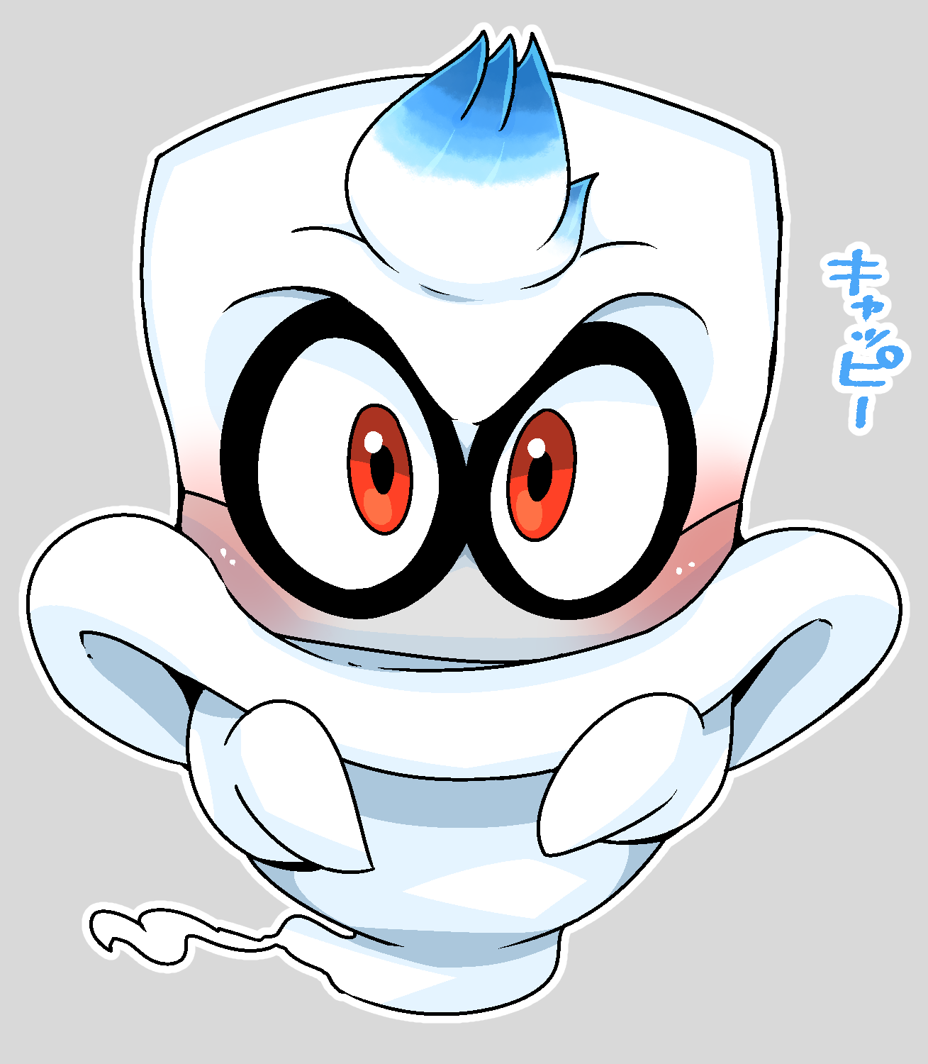 blue_hair blush bonneter cappy_(mario) clothing doneru ghost hair hat headgear headwear hi_res japanese_text looking_at_viewer mario_bros multicolored_hair nintendo not_furry simple_background solo spirit super_mario_odyssey text top_hat video_games white_body white_hair