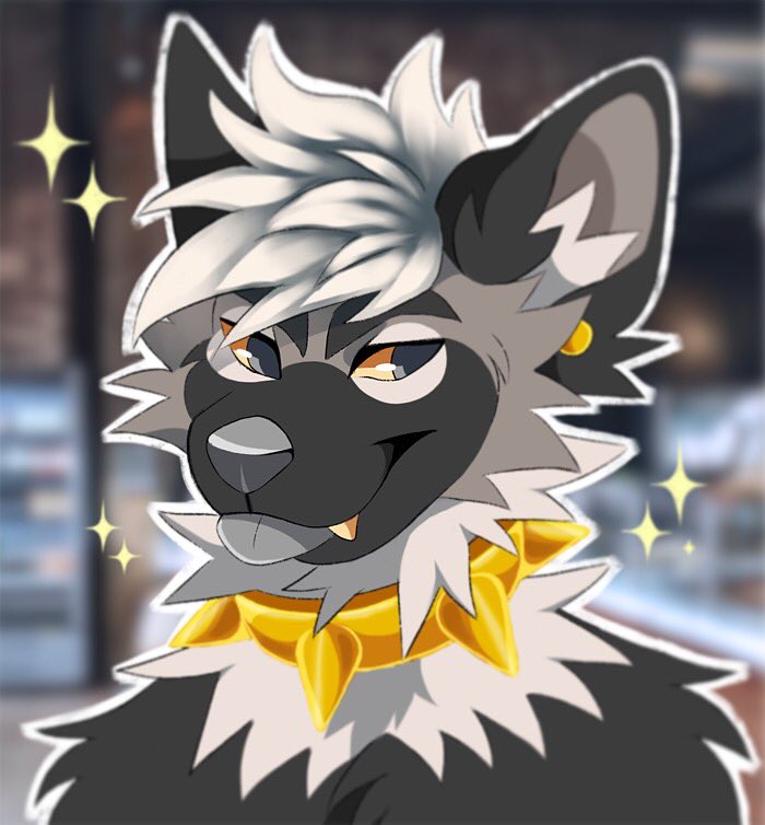 anthro black_body black_ears black_eyebrows black_fur bust_portrait canid canine canis collar domestic_dog ear_piercing eyebrows fangs front_view fur gauged_ear glistening glistening_eyes gold_(metal) gold_collar gold_ear_piercing gold_piercing gold_spikes grey_body grey_eyes grey_fur grey_inner_ear grey_nose grey_tongue hair inner_ear_fluff keeshond male mammal piercing portrait princely_(princelykaden) princelykaden smile solo sparkles spiked_collar spikes spitz tan_sclera tan_teeth tongue tuft white_body white_fur white_hair white_inner_ear_fluff