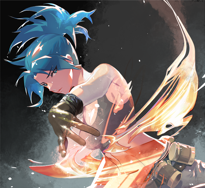 1girl bangs belt black_background black_gloves black_pants black_tank_top blue_eyes blue_hair breasts closed_mouth cofffee earrings gloves jewelry leona_heidern looking_at_viewer military military_uniform pants ponytail simple_background slashing solo tank_top the_king_of_fighters the_king_of_fighters_xii the_king_of_fighters_xiii triangle_earrings uniform