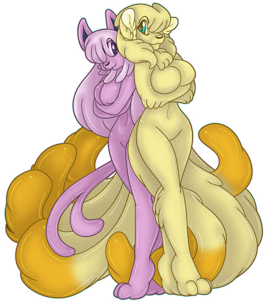 aakashi anthro arms_crossed_under_breasts breasts duo eeveelution espeon featureless_breasts featureless_crotch female female/female glistening glistening_body goo_creature goo_transformation ninetales nintendo pok&eacute;mon pok&eacute;mon_(species) rose_(aakashi) slime summer_(aakashi) transformation video_games