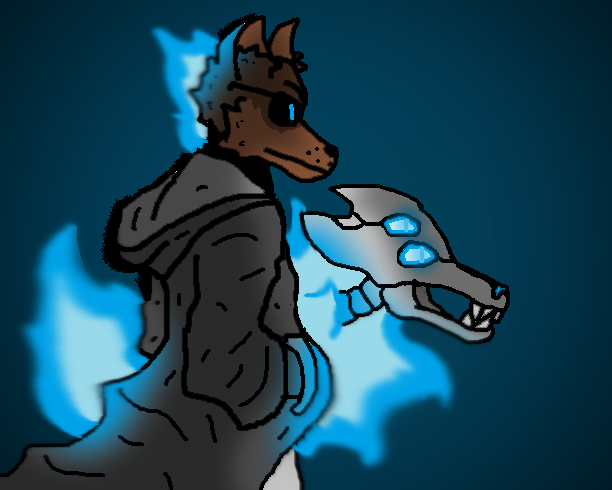 anthro blue_background blue_eyes blue_fire bone brown_body brown_fur burning canid canine canis closed_mouth clothing colored_fire domestic_dog duo eyewear fan_character feral fire fur goggles grey_clothing hand_in_pocket magic_user male mammal necromancer pockets simple_background skeleton summoning undead