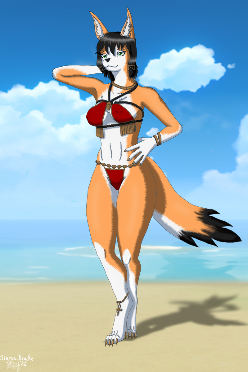 anthro beach bikini canid canine clothing female fennec fox hi_res jewelry mammal sand sanura seaside sigmadrake solo solo_focus swimwear
