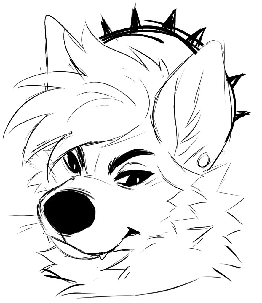 anthro black_and_white canid cheek_tuft ear_piercing eyebrows facial_tuft fangs gauged_ear hair headshot_portrait male mammal messy_hair monochrome neck_tuft piercing portrait princely_(princelykaden) princelykaden sketch solo tuft