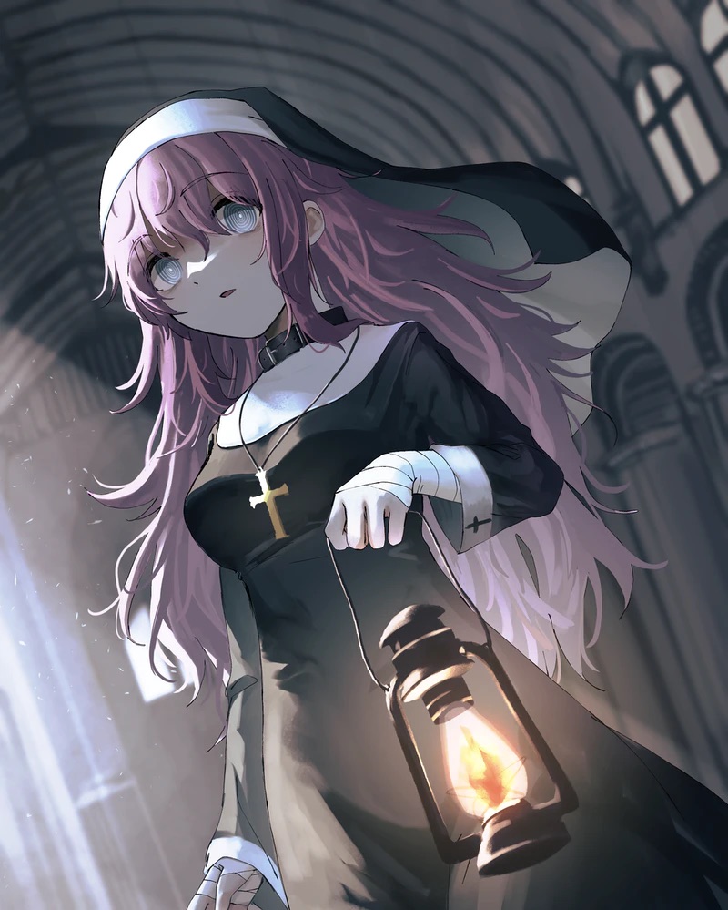 1girl bandaged_arm bandaged_hand bandages black_collar black_dress blurry blurry_background bright_pupils church collar commission cross cross_necklace cross_print dress fire flame grey_eyes hair_between_eyes holding holding_lantern indoors jewelry lantern light_particles light_rays long_hair necklace nun original pink-haired_nun_(skeb) pink_hair ringed_eyes skeb_commission solo white_pupils window zyawatea1230