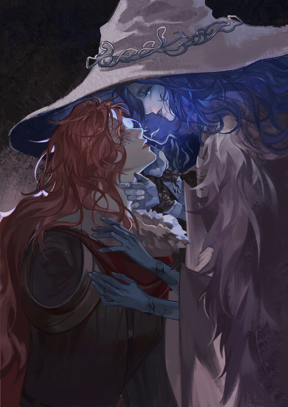 2girls agongzibile amputee blind blue_eyes blue_hair duplicate hat highres incest lipstick makeup malenia_blade_of_miquella multiple_girls pixel-perfect_duplicate ranni_the_witch red_hair witch_hat yuri