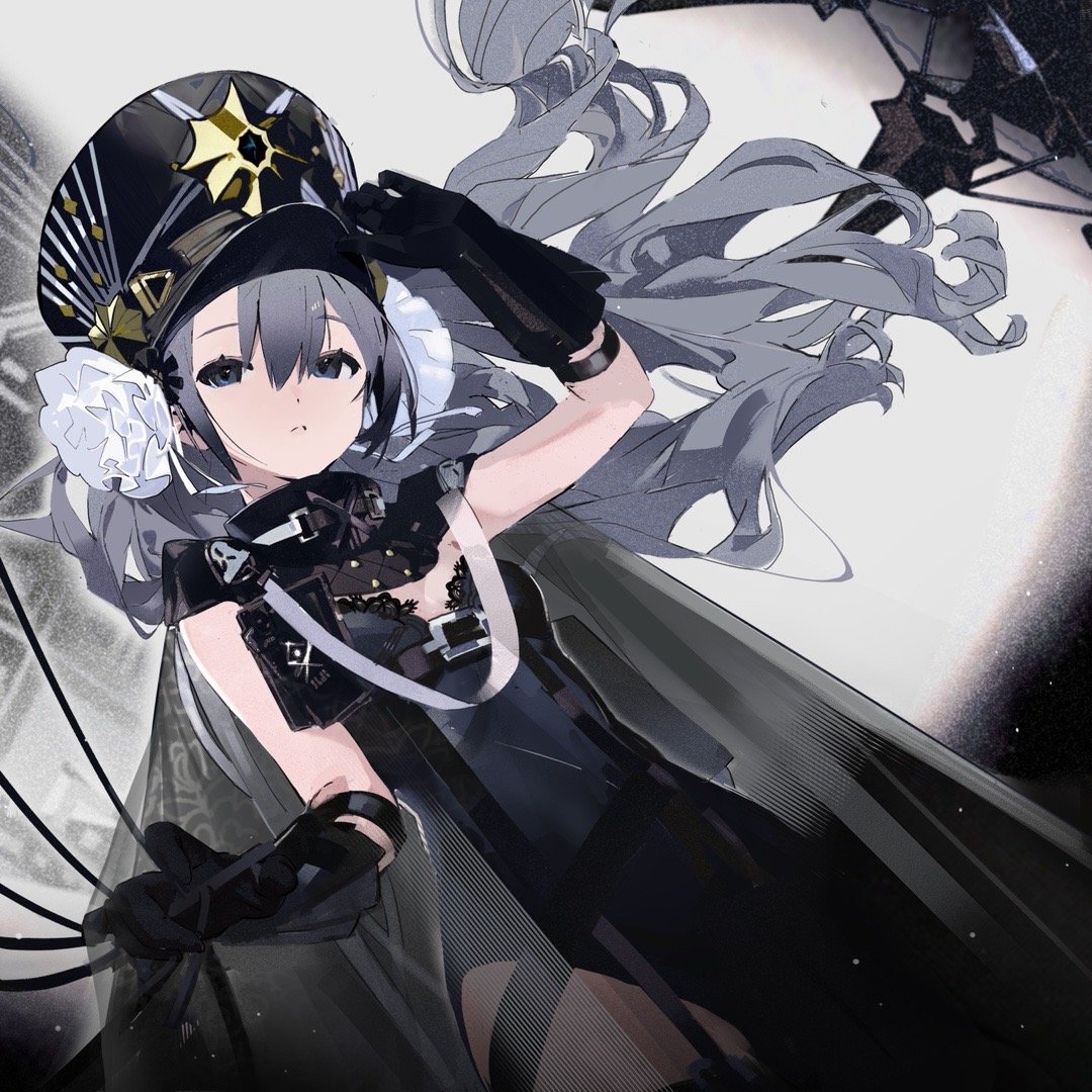 1girl belt black_belt black_cape black_dress black_eyes black_gloves black_headwear cable cape closed_mouth dress floating_hair gloves grey_hair hair_ornament hand_on_headwear hat holding holding_cable long_hair looking_at_viewer mist_sequence peaked_cap utility_belt very_long_hair yukuso_(dabiandang)