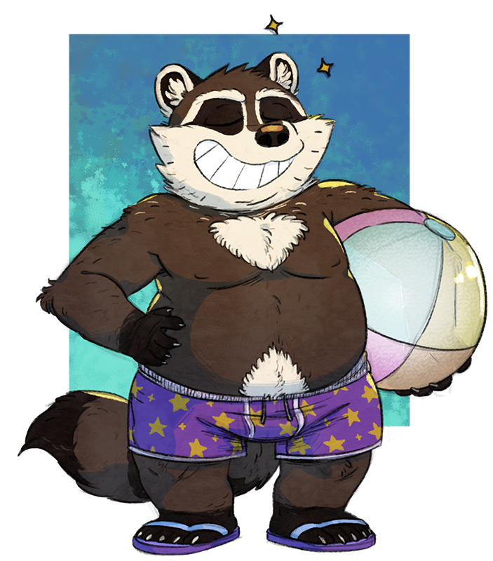 2022 anthro ball belly brown_body bulge clothing eyes_closed footwear guaxraccoon humanoid_hands male mammal moobs overweight overweight_male procyonid raccoon sandals solo