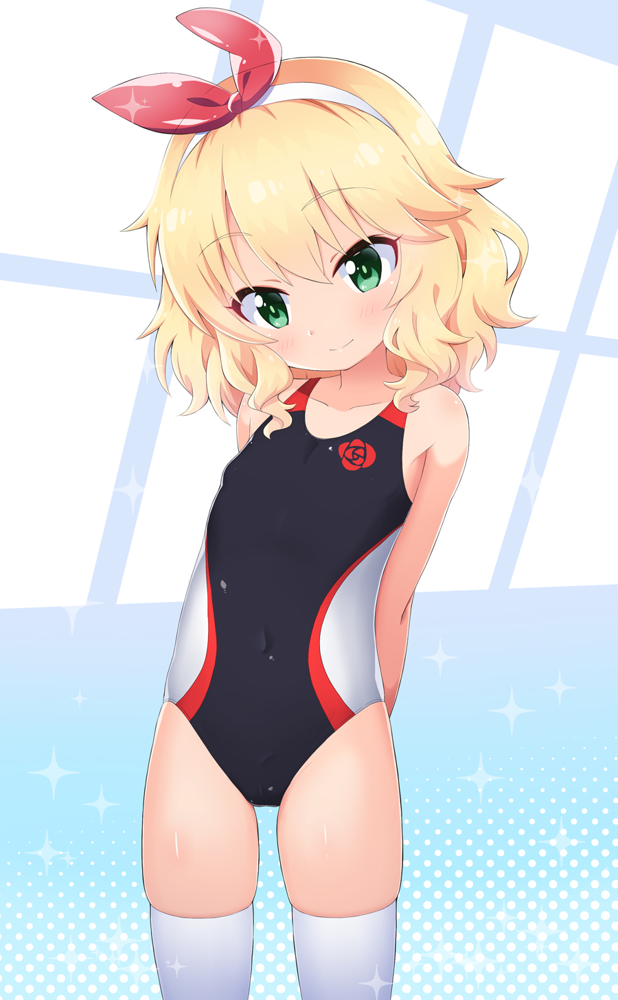 1girl arms_behind_back black_swimsuit blonde_hair commentary_request competition_swimsuit covered_navel cowboy_shot flat_chest green_eyes hairband highres idolmaster idolmaster_cinderella_girls looking_at_viewer multicolored_clothes multicolored_swimsuit one-piece_swimsuit sakurai_momoka short_hair smile solo swimsuit wavy_hair yuuma_(skirthike)