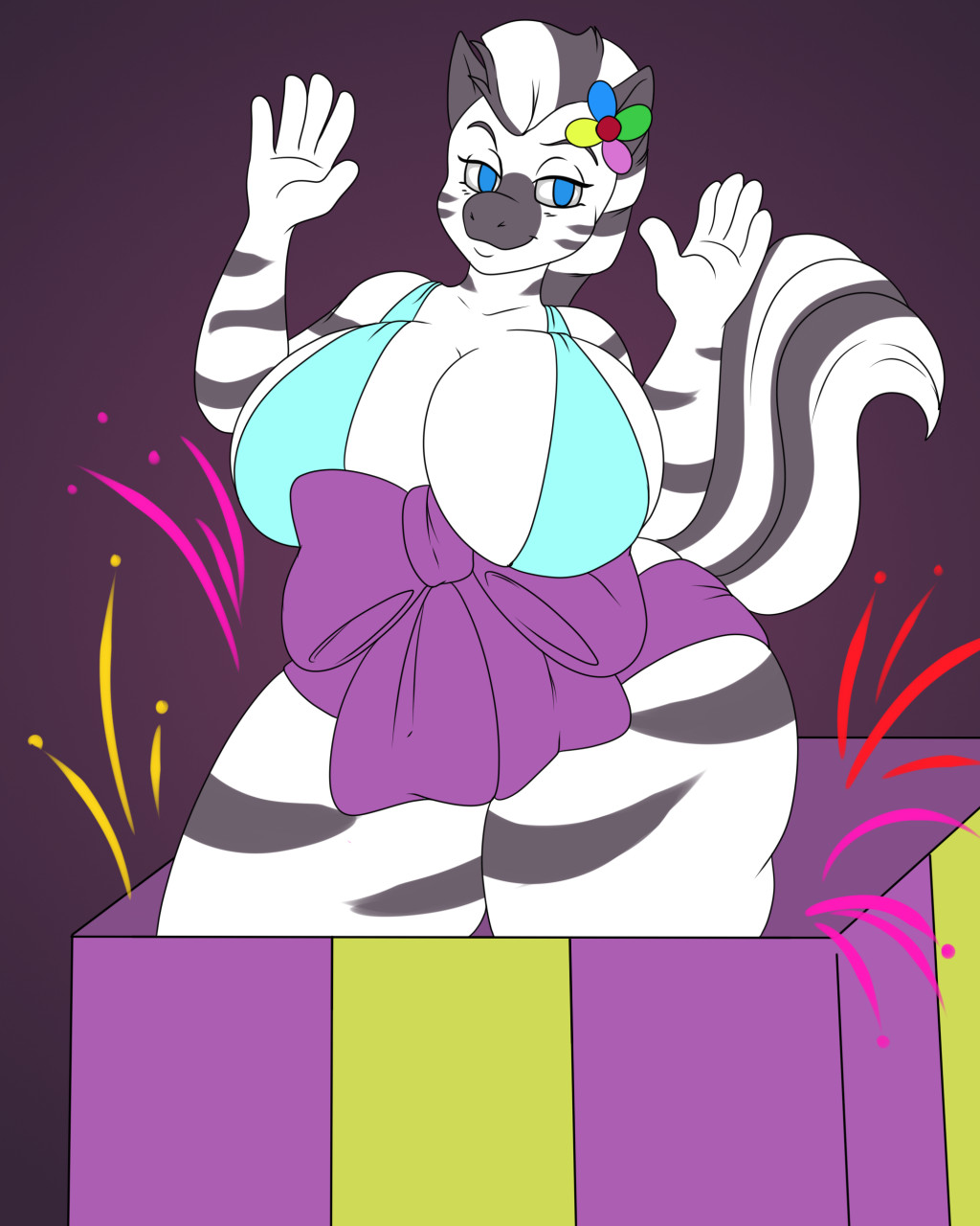4:5 5_fingers anthro axelferdinan beholdervee big_breasts blue_eyes breasts digital_media_(artwork) equid equine female fingers fireworks gift grey_stripes hair hasbro hi_res humanoid_hands looking_at_viewer mammal multicolored_hair my_little_pony ribbons smile standing striped_body stripes two_tone_hair two_tone_tail white_body white_hair zebra