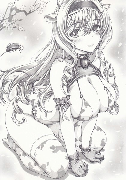 1girl animal_costume animal_print bikini blush breasts cecilia_alcott cleavage cow_costume cow_girl cow_print cow_tail fake_tail gloves graphite_(medium) infinite_stratos kneeling legs long_hair looking_at_viewer mikuro monochrome petals smile solo swimsuit tail thighhighs traditional_media very_long_hair