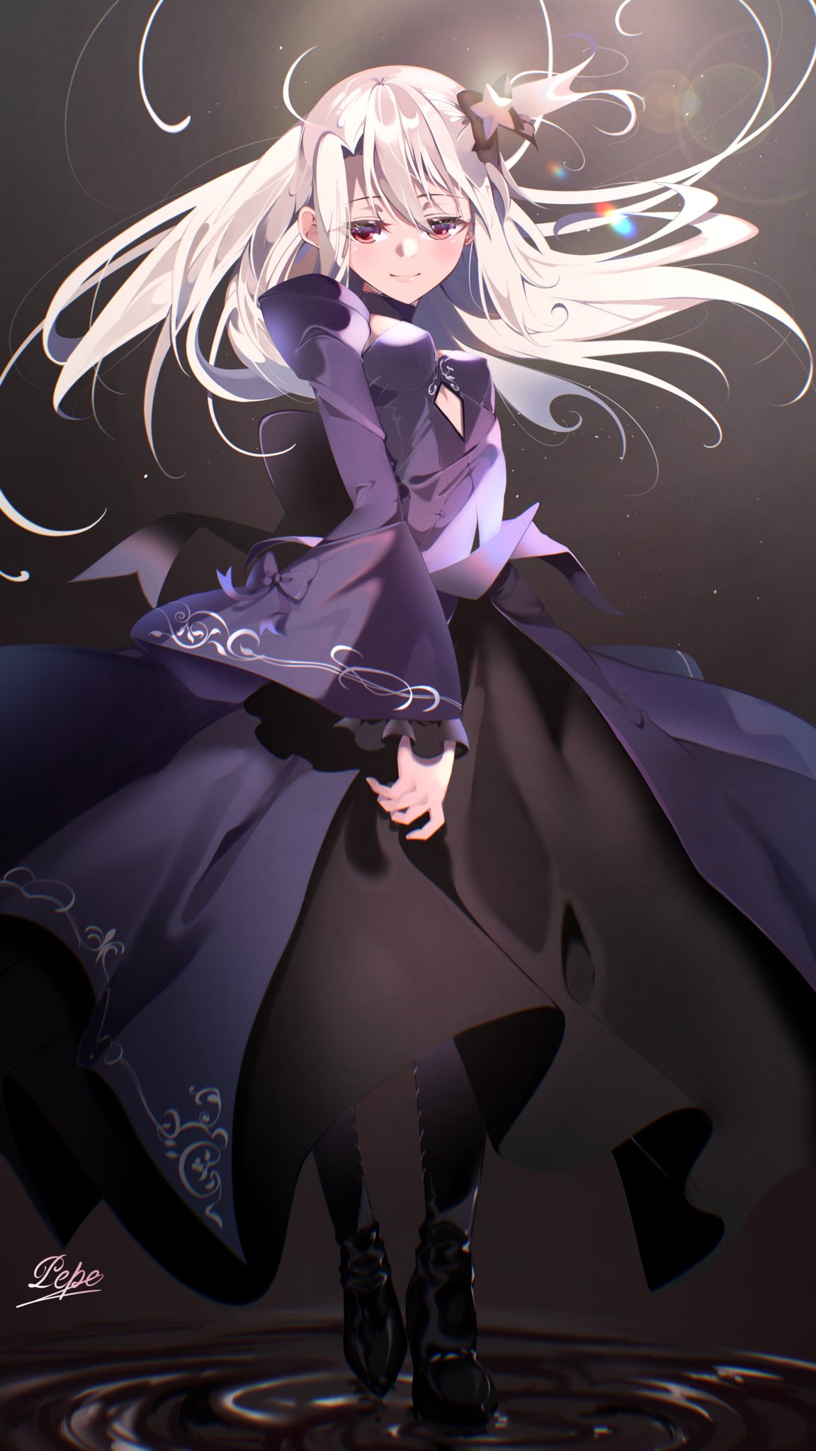 1girl artoria_pendragon_(fate) blonde_hair cosplay dress fate/grand_order fate_(series) hair_ornament highres illyasviel_von_einzbern long_hair looking_at_viewer pei_iriya red_eyes saber_alter simple_background skirt smile solo