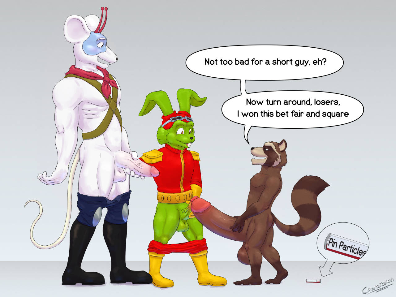 antennae_(anatomy) anthro balls big_penis biker_mice_from_mars bucky_o'hare clothed clothing comparing comparing_penis comparison cowardlion crossover dialogue fur genitals green_body green_fur group guardians_of_the_galaxy hare holding_penis huge_penis hyper hyper_genitalia hyper_penis lagomorph leporid male male/male mammal marvel mouse murid murine nude partially_clothed penis penis_on_penis penis_size_difference procyonid raccoon rocket_raccoon rodent simple_background size_difference trio vinnie