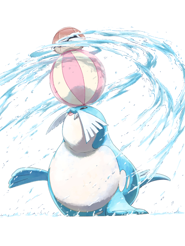 animal_focus balancing ball black_eyes commentary_request looking_up mukiguri no_humans open_mouth pokemon pokemon_(creature) sealeo shell squirtle tusks water white_background