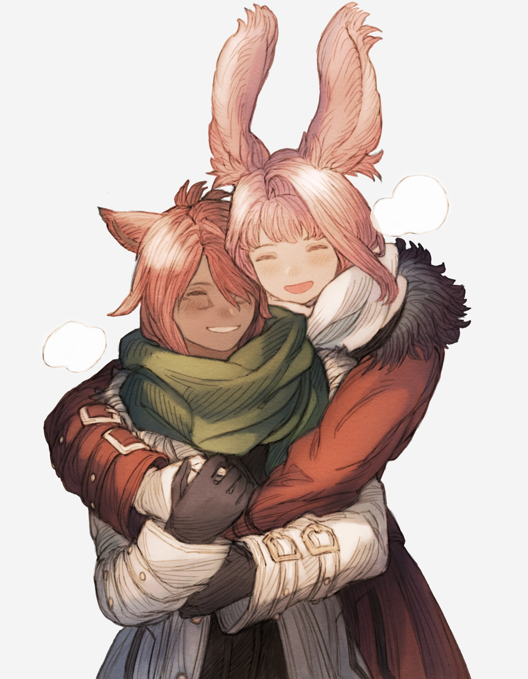 1boy 1girl ^_^ animal_ears black_gloves breath cat_ears closed_eyes coat facial_mark facing_viewer final_fantasy final_fantasy_xiv fur-trimmed_coat fur_trim gloves green_scarf grin hair_over_one_eye happy hatching_(texture) highres hug hug_from_behind long_sleeves maeka_(kumaekake) miqo'te one_eye_covered pink_hair rabbit_ears red_coat red_hair scarf short_hair simple_background smile upper_body viera warrior_of_light_(ff14) white_background