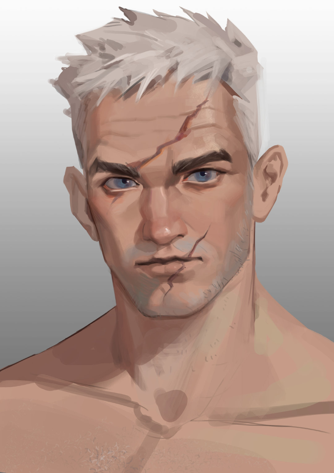 1boy artist_request bara beard_stubble expressionless facial_hair highres lips looking_at_viewer mature_male nude old old_man overwatch portrait realistic scar scar_on_face scar_on_forehead short_hair soldier:_76_(overwatch) solo sparse_chest_hair stubble thick_eyebrows white_hair wrinkled_skin