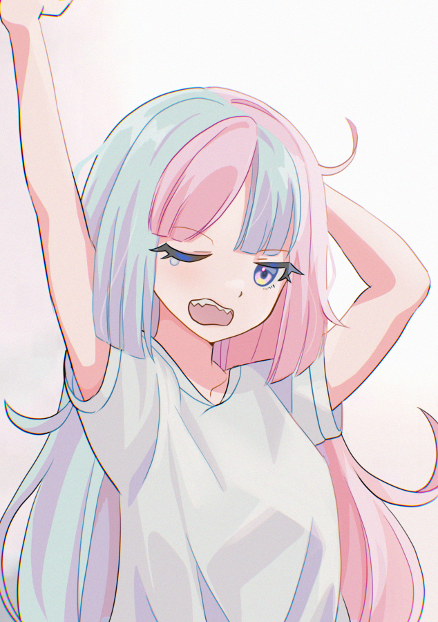 1girl blue_hair iono_(pokemon) light_blue_hair long_hair mizuiro123 multicolored_hair one_eye_closed open_mouth pink_hair pokemon pokemon_sv purple_eyes sharp_teeth shirt short_sleeves simple_background stretching teeth two-tone_hair white_background white_shirt yawning