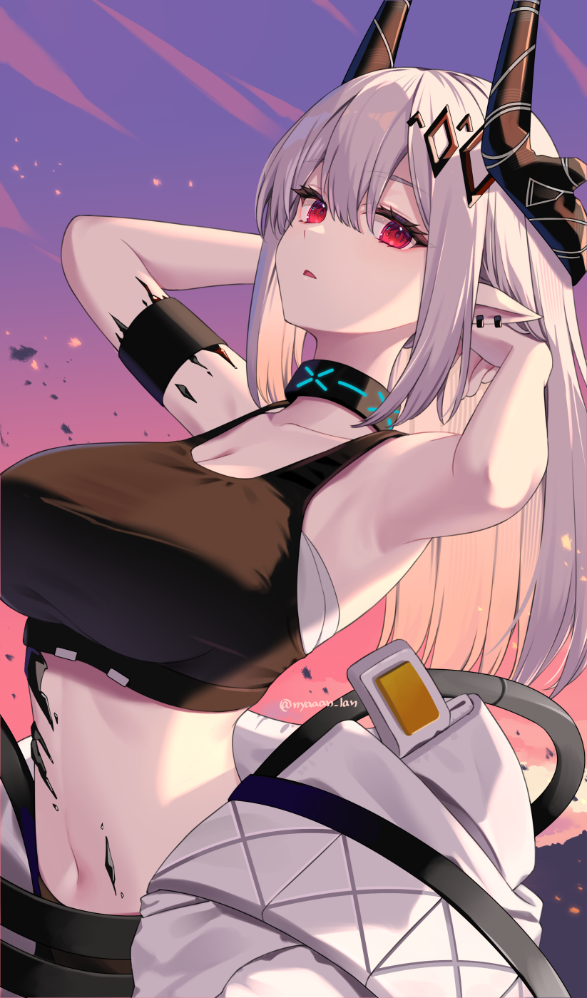 1girl arknights armpits arms_up bare_arms bare_shoulders black_horns black_sports_bra breasts collarbone commentary_request ear_piercing grey_hair hair_between_eyes highres horns infection_monitor_(arknights) large_breasts linea_alba long_hair looking_at_viewer mashita_(kuzsat) material_growth midriff mudrock_(arknights) mudrock_(elite_ii)_(arknights) navel oripathy_lesion_(arknights) outdoors parted_lips partial_commentary piercing pointy_ears red_eyes solo sports_bra twitter_username upper_body