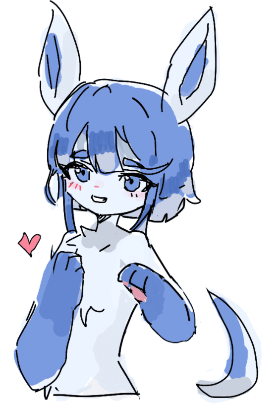 ambiguous_gender anthro blue_body blue_ears blue_eyes blue_hair blush digital_media_(artwork) eeveelution fur generation_4_pokemon glaceon hair heart_symbol nintendo nude paws podo pokemon pokemon_(species) simple_background smile solo