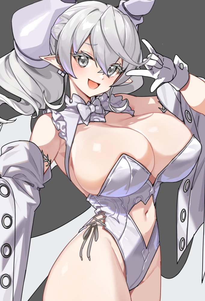 1girl breasts cleavage demon_girl demon_horns demon_wings dress duel_monster gloves grey_eyes horns large_breasts looking_at_viewer lovely_labrynth_of_the_silver_castle low_wings pointy_ears prawnlunchset smile solo twintails unfinished white_hair white_horns wings yu-gi-oh!